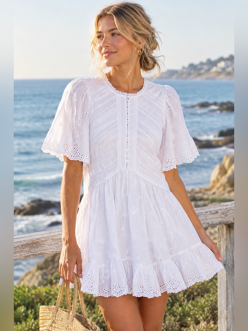 NWT Madewell Eyelet Flutter ShortSleeve White Cotton Minidress Sz 0 Side Pockets
